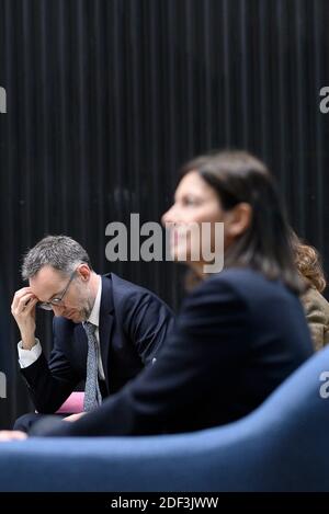 Anne Hidalgo und Emmanuel Gregoire im Bahnhof F für eine Pressekonferenz am 5. März 2020 in Paris, Frankreich. Foto von Eliot Blondt/ABACAPRESS.COM Stockfoto