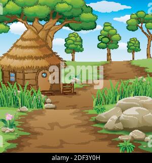 Vektor-Illustration von Holzkabinen im Feld Stock Vektor