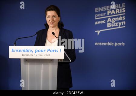 Die Pariser Bürgermeisterin Agnes Buzyn hält eine Rede nach den Prognosen für die Ergebnisse der Kommunalwahlen in ihrem Wahlkampfbüro in Paris, Frankreich, am 15. März 2020. Frankreich führt landesweite Wahlen durch, um all seine Bürgermeister und andere lokale Führer zu wählen, trotz der Niederschlagung öffentlicher Versammlungen wegen des neuen Covid-19-Coronavirus. Foto von Julien De Rose/Pool/ABACAPRESS.COM Stockfoto