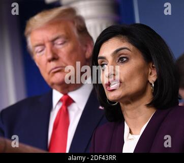 Seema Verma, Verwalterin der Zentren für Medicare und Medicaid, hält am Mittwoch, den 18. März 2020, im Brady Press Briefing Room im Weißen Haus in Washington, DC, eine Rede zur COVID-19 (Coronavirus)-Pandemie. Foto Kevin Dietsch/Pool/ABACAPRESS.COM Stockfoto