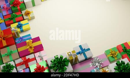 Geschenkschachteln auf weißem Hintergrund mit negativem Raum. Flach liegend, von oben nach unten. Digitales 3D-Rendern. Stockfoto