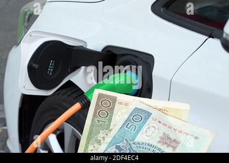 Ein Elektroauto und Geld Polnisch zloty PLN Stockfoto