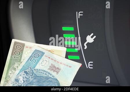 Ein Elektroauto, Ladeanzeige und Geld Polnisch zloty PLN Stockfoto