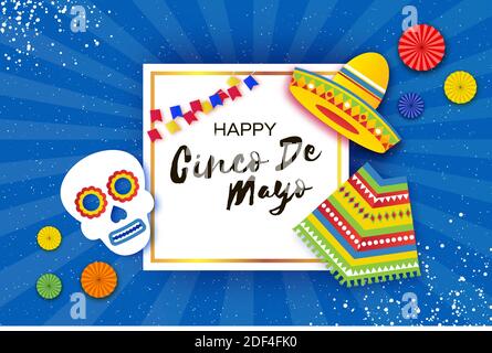 Cinco De Mayo Banner. Mexikanischer Schädel. Sombrero und Poncho. Blauer Hintergrund. Leerzeichen für Text. Vektor. Stock Vektor