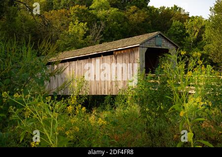 Alte überdachte Brücke im Mittleren Westen an einem schönen Sommermorgen. Cowden, Illinois, USA Stockfoto