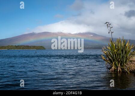 Regenbogen über dem See Rotoaira und Motuopuhi Island, mit Mount Tongariro in der Ferne, Tongariro National Park, North Island, Neuseeland Stockfoto