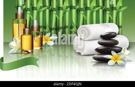 Vector realistische Spa Wellness Hintergrund mit Ölen und Essentials, Massagesteine und Wildblumen, Handtücher und Bambuspflanzen. Stock Vektor