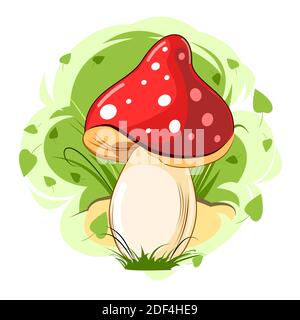 Rote Fliege agaric auf einem abstrakten Hintergrund. Bild. Isoliert auf weiß. Flacher Cartoon-Stil. Schöner kleiner Waldpilz im Gras. Stockfoto