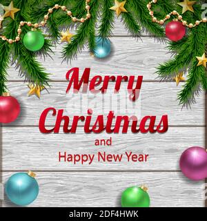 Weihnachtsbaum Rand Hintergrund auf Holzfliesen mit Dekorationen und Tannenzweigen. Stock Vektor
