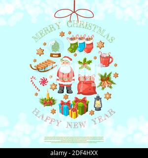 Weihnachten und Neujahr Hintergrund mit handgezeichneten Dekorationen. Stock Vektor