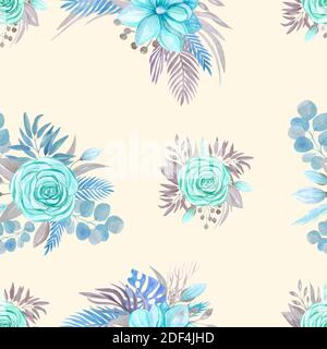 Nahtloses Muster Botanical Arrangement, blühende Magnolie, Rose auf beigem Hintergrund. Blumenarrangement Bouquet Blumen Blätter Zweige Stockfoto