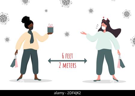 Behalte die soziale Distanz zu Weihnachten. Frauen tragen eine schützende Gesichtsmaske von Coronavirus. Fröhlich und sicher. Stock Vektor