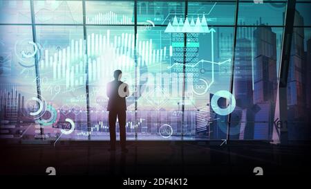 Geschäftsmann arbeitet mit Big Data in einem großen Büro. Stockfoto