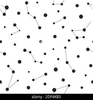 Nahtloses Muster mit schwarzen Konstellationen und Punkten auf weißem Hintergrund. Vektorgrafik. Nachthimmel, Universum, Raum. Galaxy Hintergrund. Cosmos te Stock Vektor