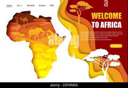 Willkommen bei Afrika Vektor-Website Landing Page Vorlage. Papierschnitt-Afrika-Karte mit afrikanischen Wildtieren Silhouetten. Stock Vektor