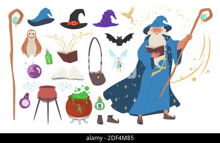 Zauberer, Zauberer, Hexenmeister, Werkzeug Set, flache Vektor isolierte Illustration. Stock Vektor