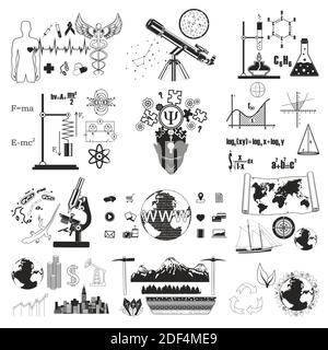 Science Symbole Set, Vektordarstellung. Wissen, Schulbildung. Stock Vektor