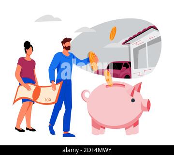 Banner von Geld sparen und immer ein Darlehen oder Hypothek Konzept mit Menschen setzen Münzen in einem Sparschwein. Familie Geld sparen oder einen Kredit für Stock Vektor