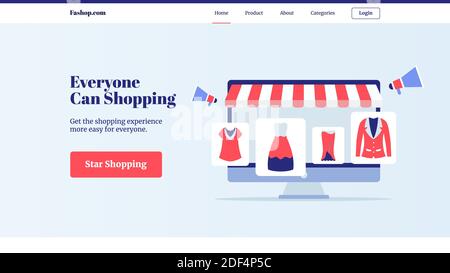 Jeder kann Kleidung Set Sammlung in Display-Computer-Bildschirm kaufen E-Commerce-Shop für Web-Website Startseite landingpage Banner Vorlage ve Stockfoto