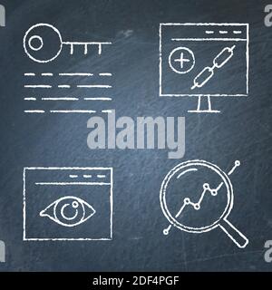 Schwarzes SEO-Symbol für Tafel im Linienstil. Link Building, digitaler Schlüssel, Web Visibility, Prozessüberwachungssymbole auf Tafel. Vektorgrafik. Stock Vektor