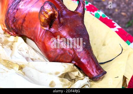 Ganze gebratenes Schwein auf dem Tisch serviert, Ferkelkopf Nahaufnahme. Traditionelle spanische Küche. Fleischgericht für Fiesta oder große Outdoor-Party. Gebratenes Schweinefleisch Stockfoto