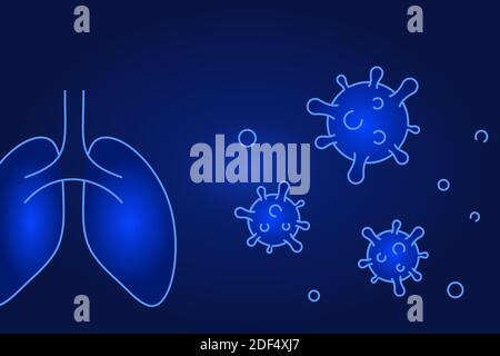 Darstellung von Lungen und Coronaviren. COVID-19 Poster Konzept. Virus greift das Atmungssystem an.Blauer Gradientenhintergrund. Herdenimmunität. Lungenentzündung. Stock Vektor