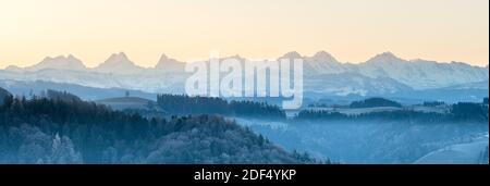 Panorama der Berner Alpen mit Wetterhorn, Schreckhorn, Finsteraarhorn, Eiger, Mönch und Jungfrau an einem frostigen Morgen vom Emmental aus gesehen Stockfoto