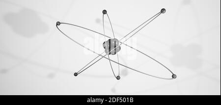 3D-Modell eines Atoms mit Atomkern, Elektronen, Protonen und Neutronen umkreisen, kreisförmiger Pfad, cgi Rendering Illustration, weißer Hintergrund, Rendering Stockfoto