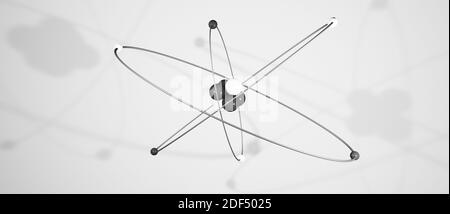 3D-Modell eines Atoms mit Atomkern, Elektronen, Protonen und Neutronen umkreisen, kreisförmiger Pfad, cgi Rendering Illustration, weißer Hintergrund, Rendering Stockfoto