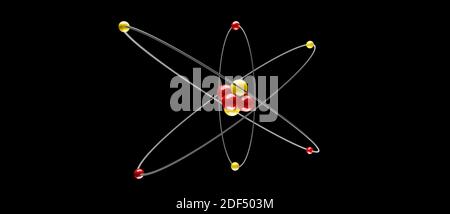 3D-Modell eines Atoms mit Atomkern, Elektronen, Protonen und Neutronen umkreisen, Kreisbahn, cgi Rendering Illustration, schwarzer Hintergrund, Rendering Stockfoto