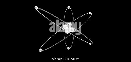 3D-Modell eines Atoms mit Atomkern, Elektronen, Protonen und Neutronen umkreisen, Kreisbahn, cgi Rendering Illustration, schwarzer Hintergrund, Rendering Stockfoto