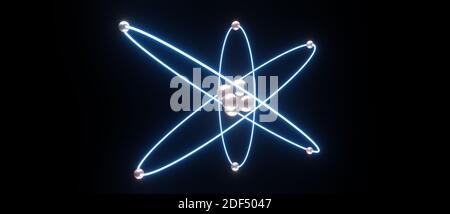 3D-Modell eines Atoms mit Atomkern, Elektronen, Protonen und Neutronen umkreisen, Kreisbahn, cgi Rendering Illustration, schwarzer Hintergrund, Rendering Stockfoto