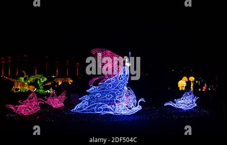 Tallinn, Harjumaa- Estland-21DEC2019: Das Wanderfestival des Lichts in der Gegend von Tallinn Lauluväljak im Winter 2019. Viele Seide Skulpturen beleuchtet. Stockfoto