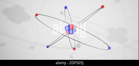 3D-Modell eines Atoms mit Atomkern, Elektronen, Protonen und Neutronen umkreisen, kreisförmiger Pfad, cgi Rendering Illustration, weißer Hintergrund, Rendering Stockfoto