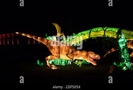 Tallinn, Harjumaa- Estland-21DEC2019: Das Wanderfestival des Lichts in der Gegend von Tallinn Lauluväljak im Winter 2019. Viele Seide Skulpturen beleuchtet. Stockfoto