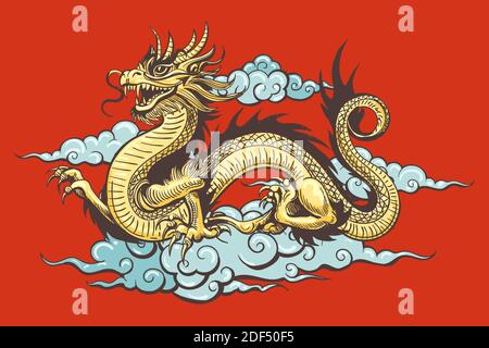 Traditioneller goldener chinesischer Drache am Himmel auf rotem Hintergrund. Vektorgrafik. Stock Vektor