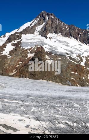 Geographie / Reisen, Schweiz, Wallis, Finsteraarhorn (4274m) dominiert das beeindruckende Fiescher gla, Additional-Rights-Clearance-Info-not-available Stockfoto