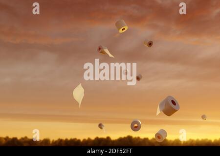 3d-Rendering von fliegenden Toilettenpapierrollen am Abend Sonnenlicht Stockfoto