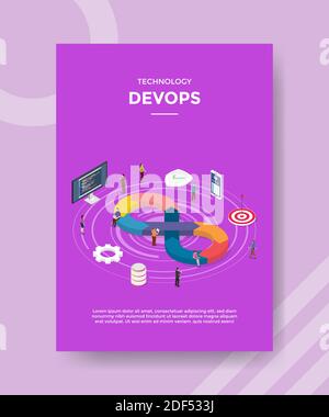 Technologie devops Leute, die um Arbeitsabfolge Symbol Computersoftware stehen Zahnradeinstellung für Schablonenflyer und bedruckte Bannerabdeckung isometrisch 3d flach Stockfoto