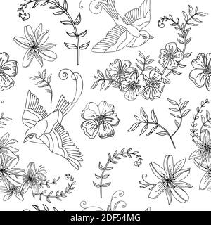 Nahtloses Muster mit isolierten Blumen und Vogel. Monochromer Hintergrund für die Erstellung von Textilien, Tapete, Papier, Hochzeitseinladung, Design, Druck, lin Stock Vektor