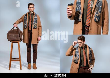 Collage von stilvollen Mann im Wintermantel stehen mit Stuhl mit Aktentasche, hält Papierbecher und posiert mit der Hand in der Tasche auf grau Stockfoto