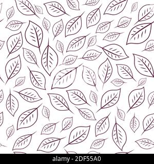 Nahtloses Blattmuster. Florale Ornament von braunen Blättern zufällig verstreut. Für Etiketten, Verpackungen oder Stoffe. Lineare Vektordarstellung. Stock Vektor
