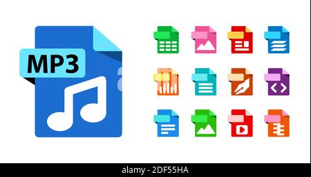 Große Sammlung von Vektor-Symbolen. Symbole für Dateiformaterweiterungen. MP3- und Farbvorlagen für alle Formate. Flaches Design. Stock Vektor