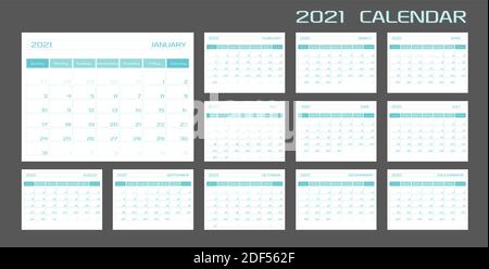 2021 Kalenderplaner Kalendervorlage. Monatskalender Konzept Design in einem minimalistischen Stil. Set von 12 Monaten 2021 Seiten. Die Woche beginnt am sonntag. . Stock Vektor