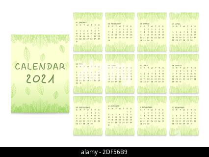 Jahreskalender-Vorlage für 2021 Jahre mit abstrakten Blumen der Saison im minimalistischen Stil. Wand Monatskalender Satz von 12 Monaten 2021 Seiten bereit für p Stock Vektor