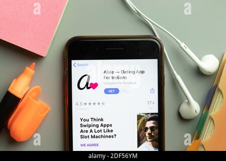 New York, USA - 1. Dezember 2020: Aisle mobile App Icon auf dem Telefonbildschirm Draufsicht, illustrative Editorial. Stockfoto