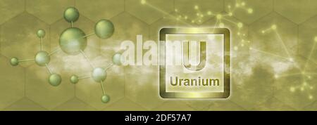 U-Symbol. Chemisches Uran-Element mit Molekül und Netzwerk auf gelbem Hintergrund Stockfoto
