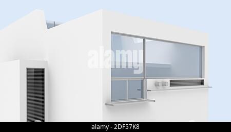 Moderne minimalistische weiße Villa außen in Nahaufnahme. 3d-Rendering Stockfoto