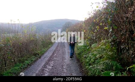 Ältere ältere Frau, die während Covid eine Landstraße entlang läuft 19 pandemische Einnahme Übung in Land Landschaft Herbst Wales UK KATHY DEWITT Stockfoto