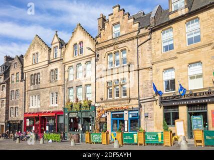 Pubs, Bars, Cafés, Restaurants und Alba Bistro auf Grassmarket Edinburgh Altstadt, Edinburgh, Schottland, Edinburgh Midlothian Schottland GB Europa Stockfoto